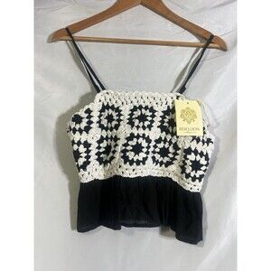 Rebellion Again Women's Crocheted Black White Top Sz S Boho Crop Ruffle NWT